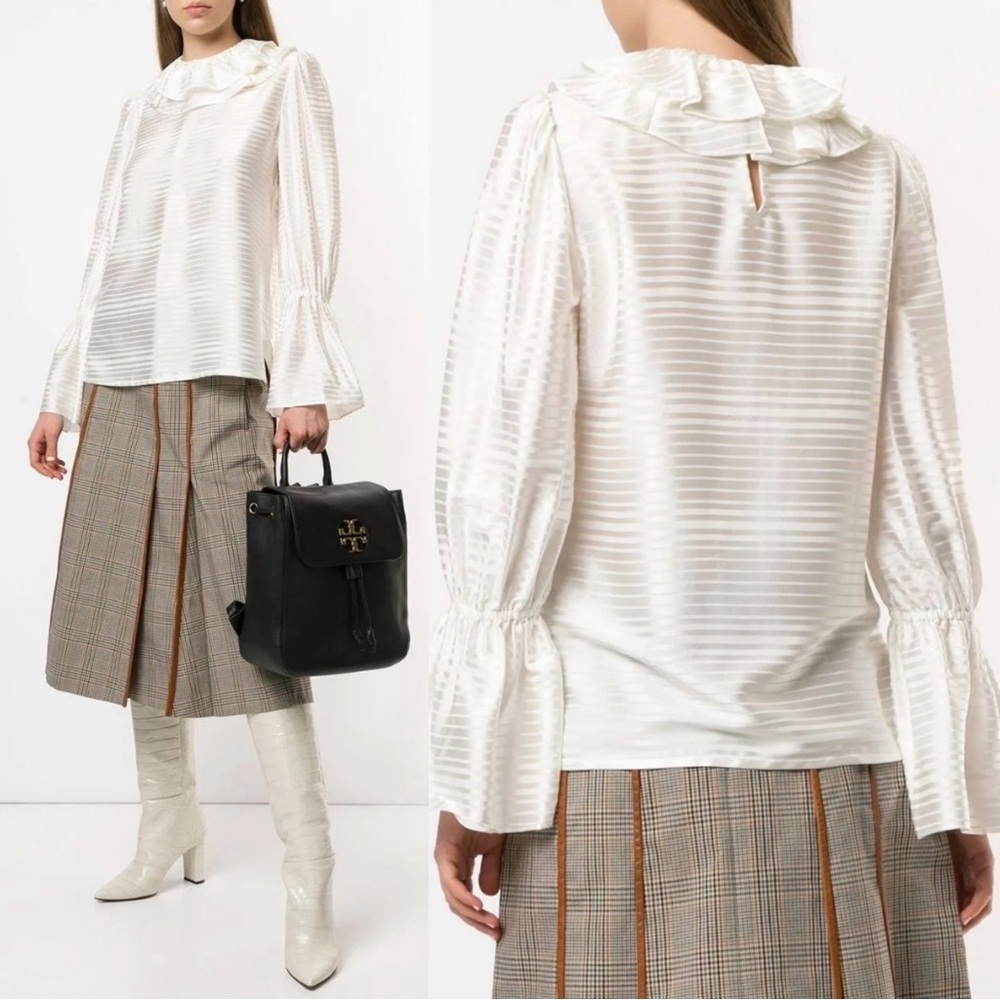 Tory Burch Satin Stripe Silk Blend Ruffle Blouse Size 0 NWT Ivory